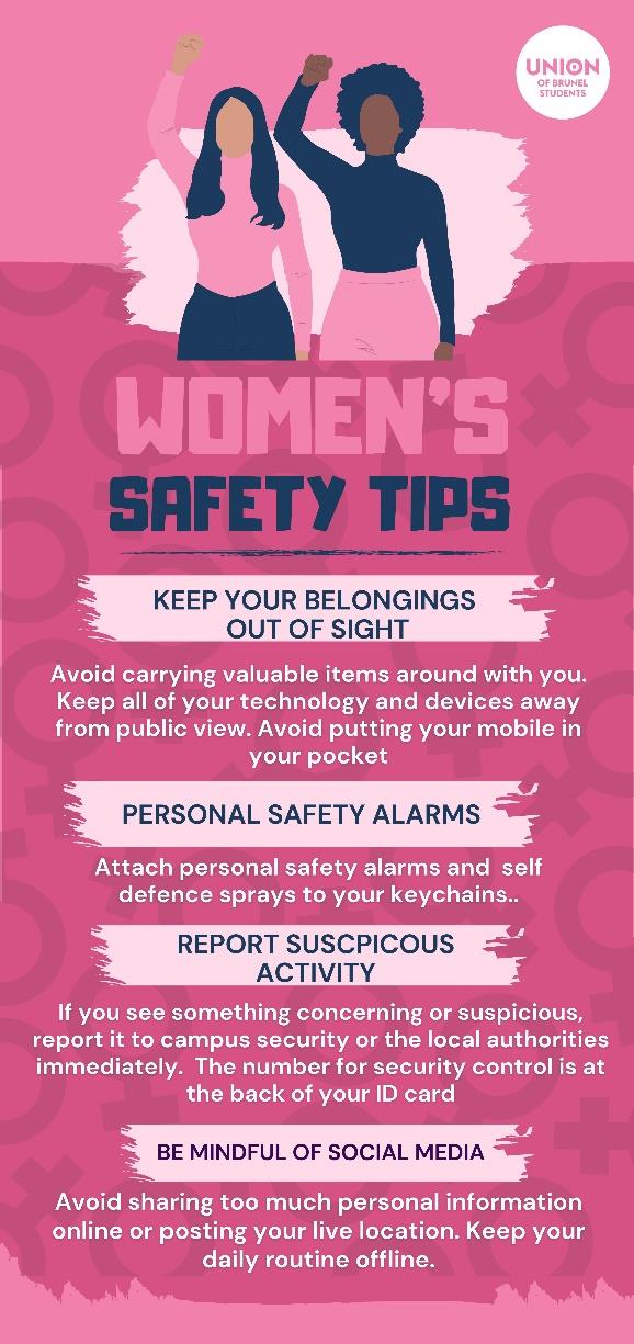 Women's Safety Tips: Keep your belonging out of sight, carry personal safety alarms, report suspicious activity, be mindful of social media