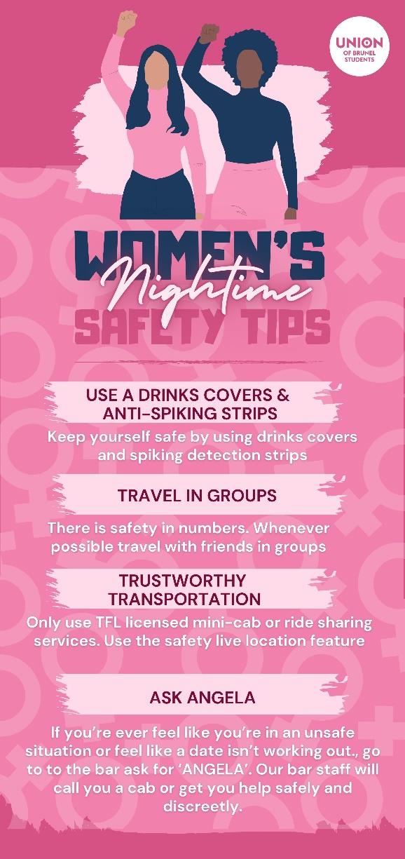 women's nightlife safety: use drink covers and anti-spiking strips, travel in groups, trustworthy transport, ask angela
